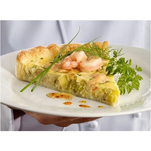 Quiche de puerros y gambas