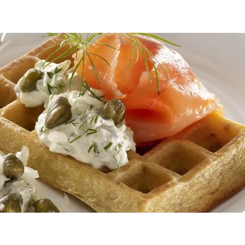 Savoury waffles (Smoked salmon, dill cream, and chopped capers)