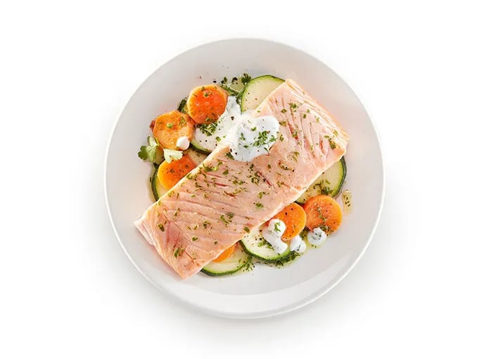 Roast Salmon With Vegetables & Yoghourt Sauce